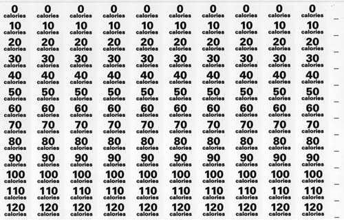 LABEL SHEET, 0-90 CAL, 100-190 CAL, WHITE W/BLACK PRINT