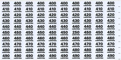 LABEL, CALORIE SHEET, 400-590 CAL0RIE, BLACK